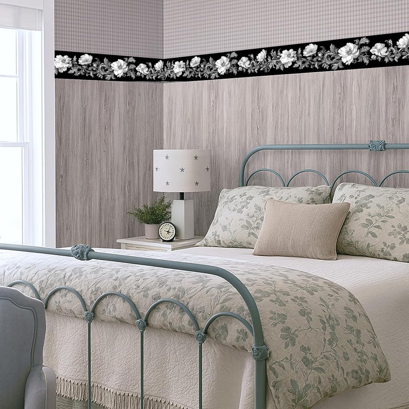 IOHEFY Black White Floral Wallpaper Border 196x4 Inch Removable Wall Border Peel and Stick Rose Flower Design for Bedroom Bathroom Living Room Kitchen Wall Trim Decor Elegant Vintage Style - Image 4